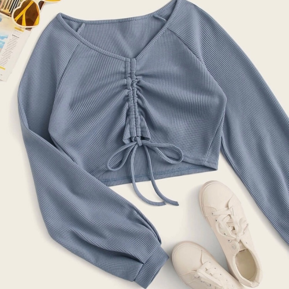 V-Neck Drawstring Front Crop Top [Size: Small]